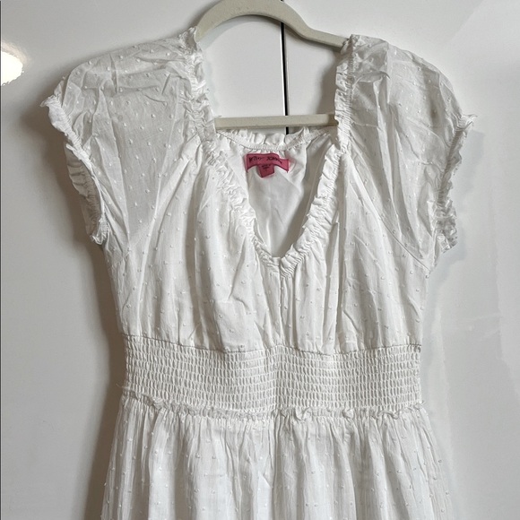 NWOT Betsey Johnson White Cotton Maxi Dress Lined Smocking Waist, Size L - Picture 2 of 12